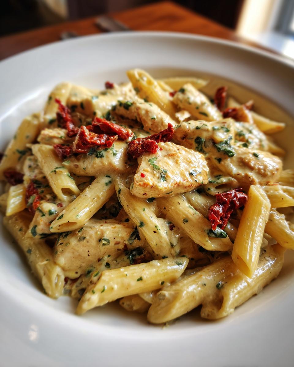 Close-up of creamy Marry Me Chicken Pasta featuring penne, chicken pieces, and sun-dried tomatoes.