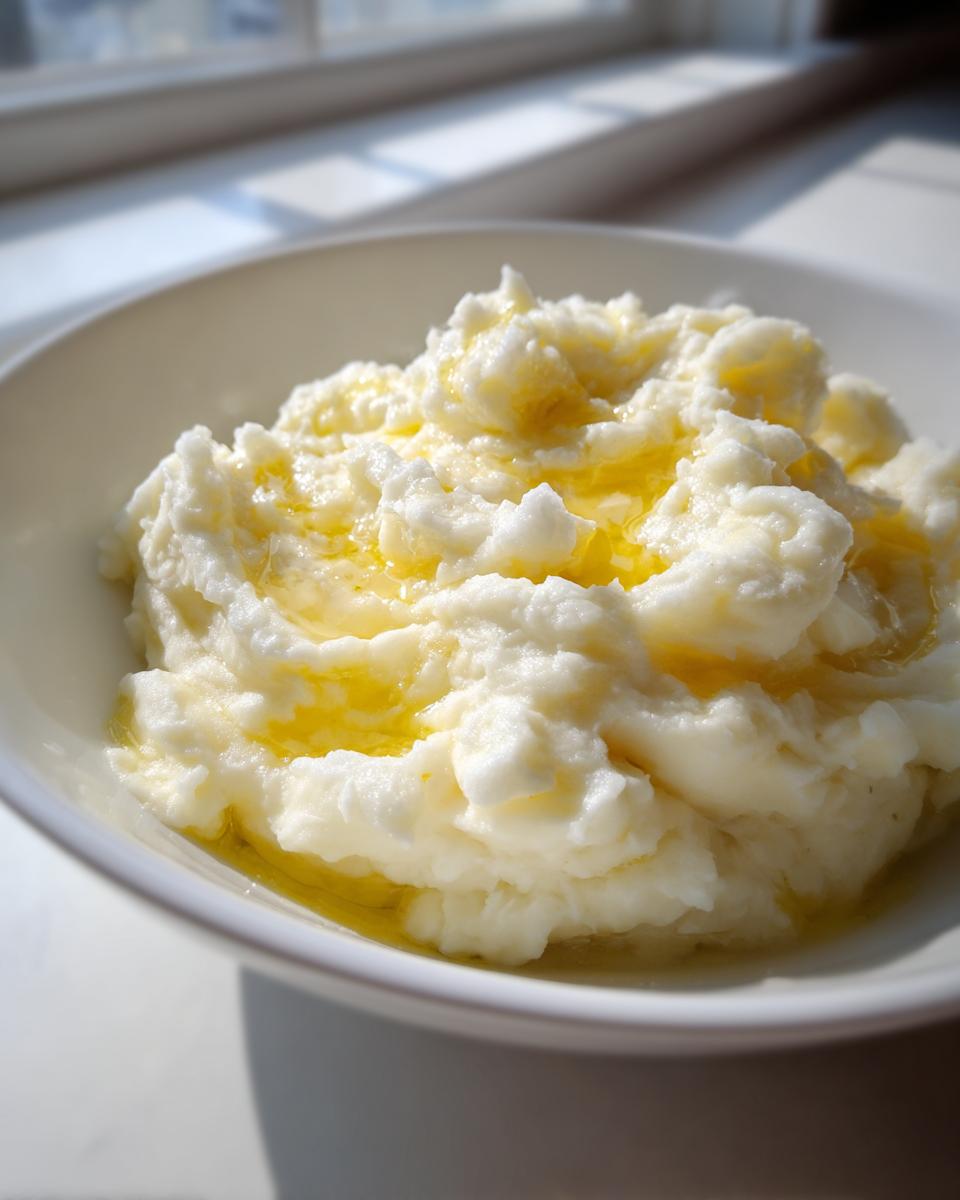 A close-up of fluffy, white creamy mashed potatoes topped with melted butter in a white bowl.