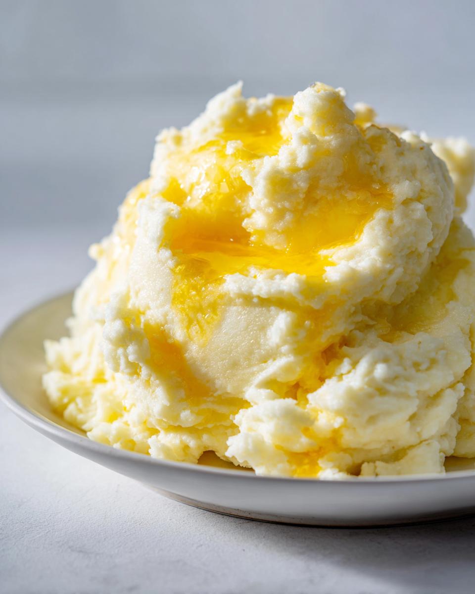 Close-up of a generous serving of fluffy creamy mashed potatoes topped with melted yellow butter.