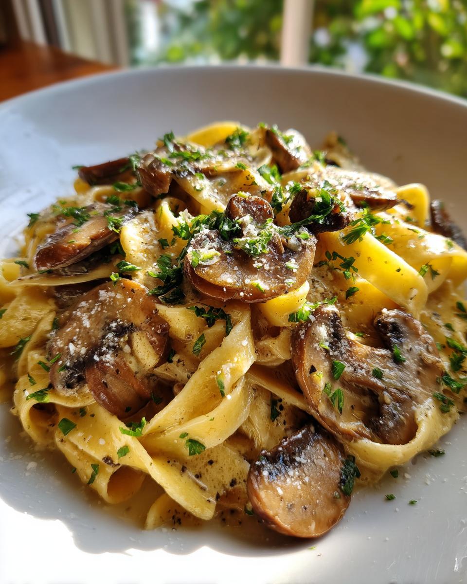 Close-up of creamy mushroom pasta featuring wide noodles, sautéed mushrooms, and fresh parsley garnish.