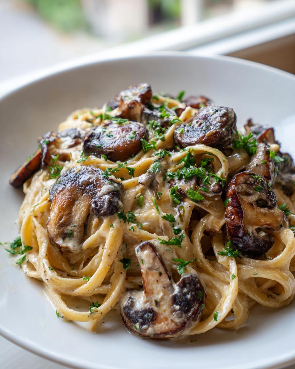 Close-up of a serving of creamy mushroom pasta topped with sautéed mushrooms and fresh parsley.