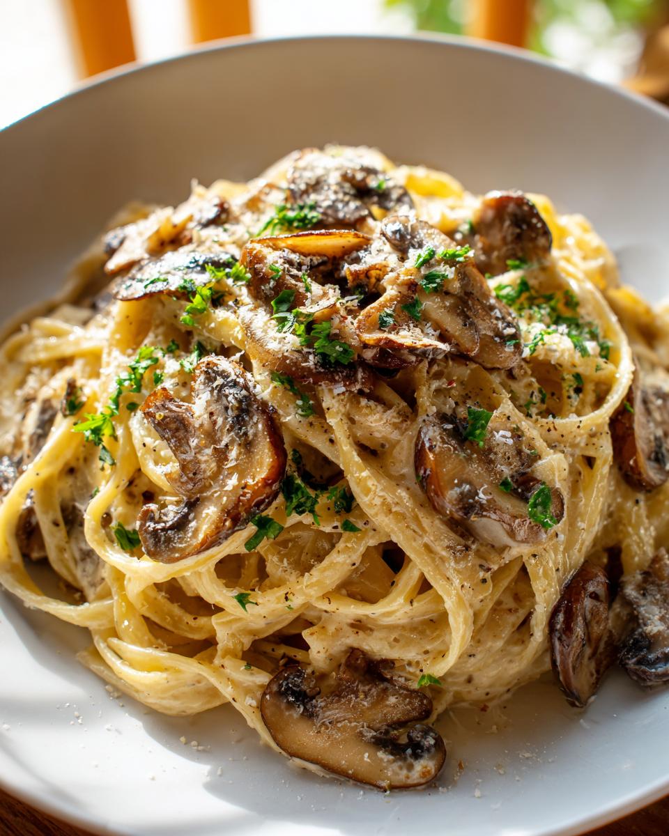 Close-up of creamy mushroom pasta tossed with fettuccine, topped with sautéed mushrooms and parmesan cheese.