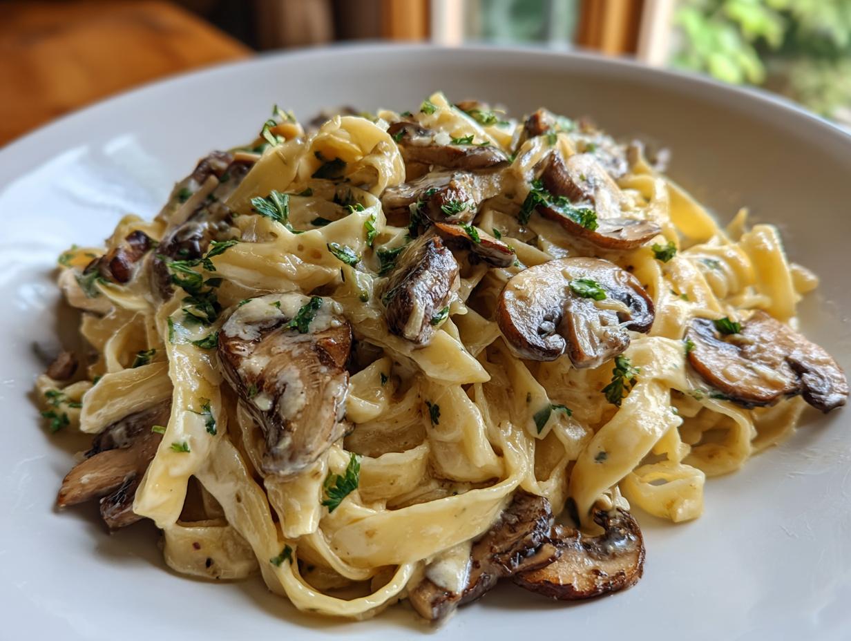 A close-up view of a generous serving of creamy mushroom pasta, featuring fettuccine noodles and sliced, sautéed mushrooms topped with fresh parsley.