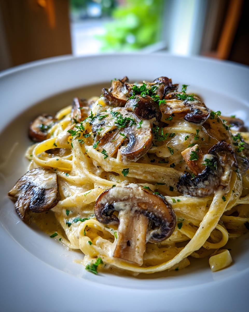 A close-up of creamy mushroom pasta featuring fettuccine coated in a rich sauce and topped with sautéed mushrooms and parsley.
