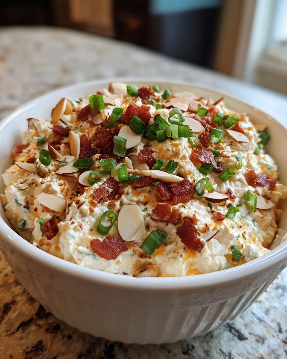 A close-up of creamy Neiman Marcus dip served in a white bowl, topped generously with crumbled bacon, sliced almonds, and green onions.