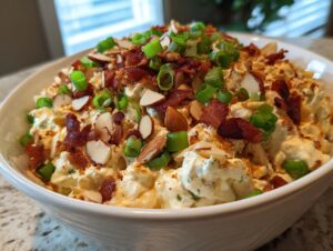 A white bowl filled with creamy Neiman Marcus dip, generously topped with bacon bits, sliced almonds, and green onions.