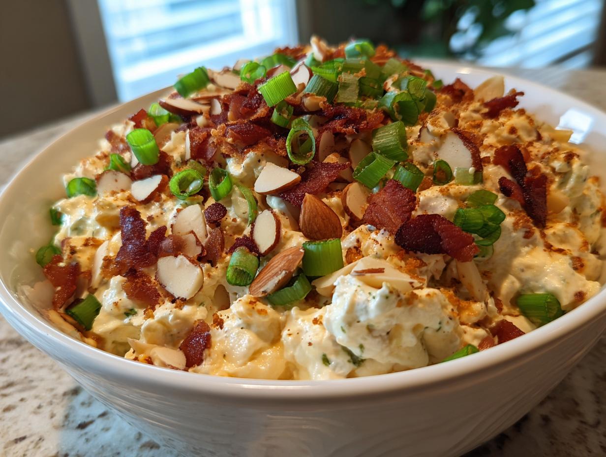 A white bowl filled with creamy Neiman Marcus dip, generously topped with bacon bits, sliced almonds, and green onions.
