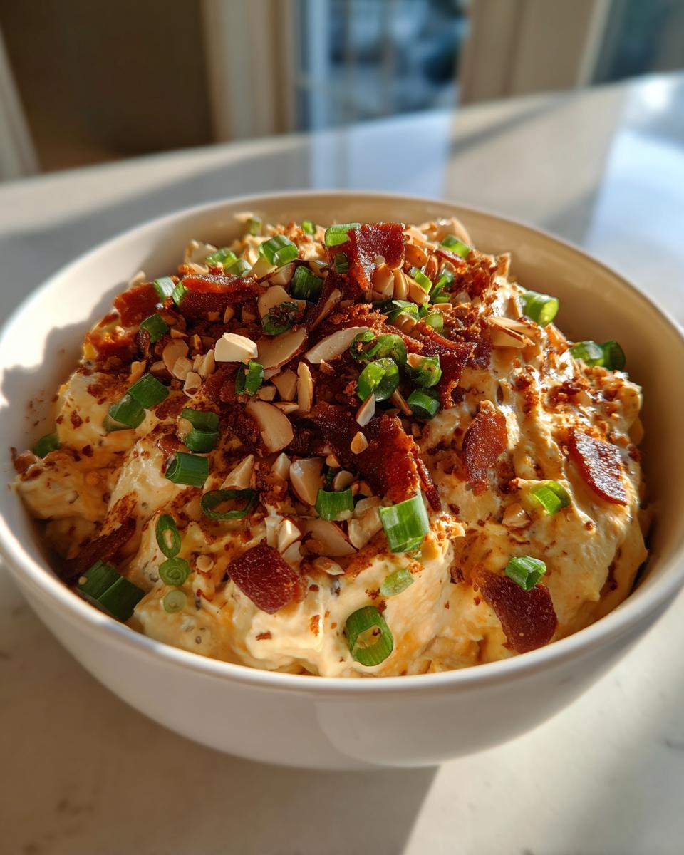 A close-up of creamy Neiman Marcus dip topped generously with chopped bacon, sliced almonds, and green onions.
