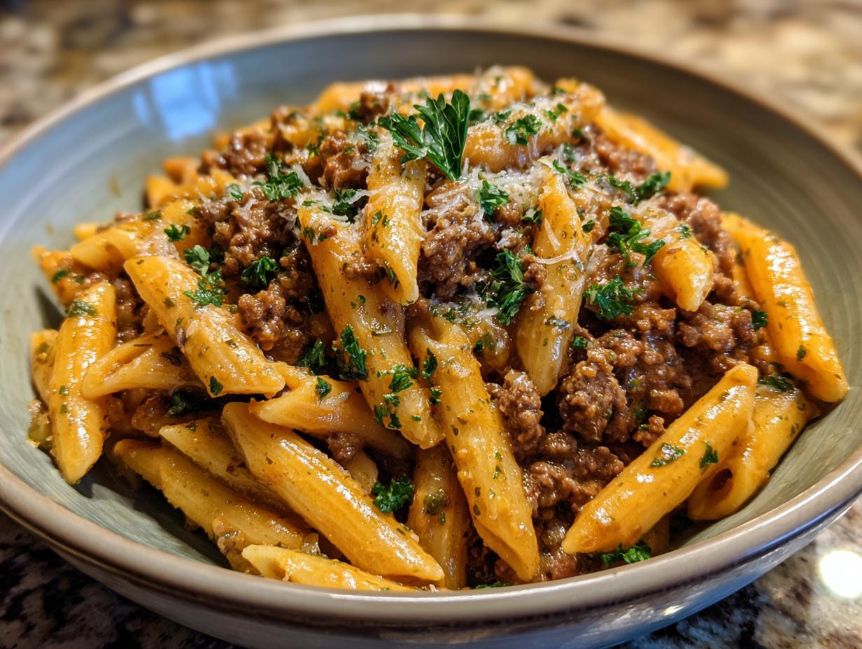 Close-up of creamy beef pasta featuring penne noodles coated in a rich sauce with ground beef, topped with parsley and Parmesan.