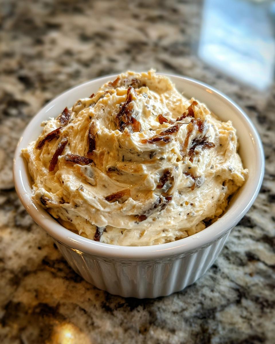 A close-up of rich, creamy onion dip topped with caramelized onions served in a white fluted ramekin.