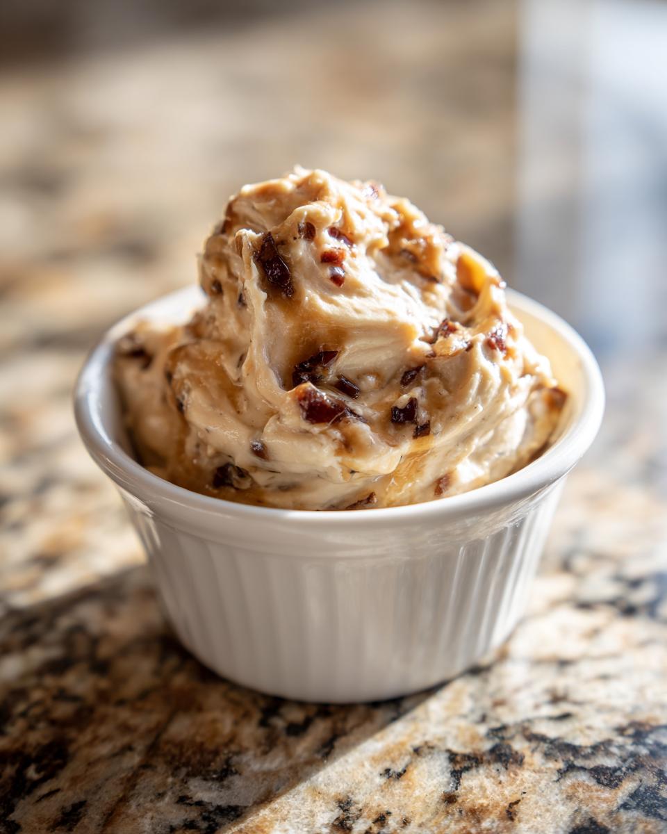 A close-up of rich, creamy onion dip swirled high in a small white ramekin, showing caramelized bits throughout.