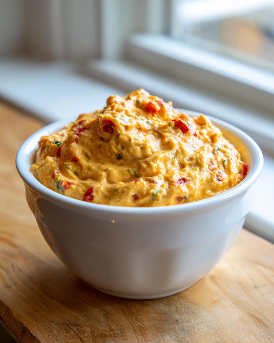 Close-up of a thick, orange boat dip with visible red pepper pieces served in a white bowl.