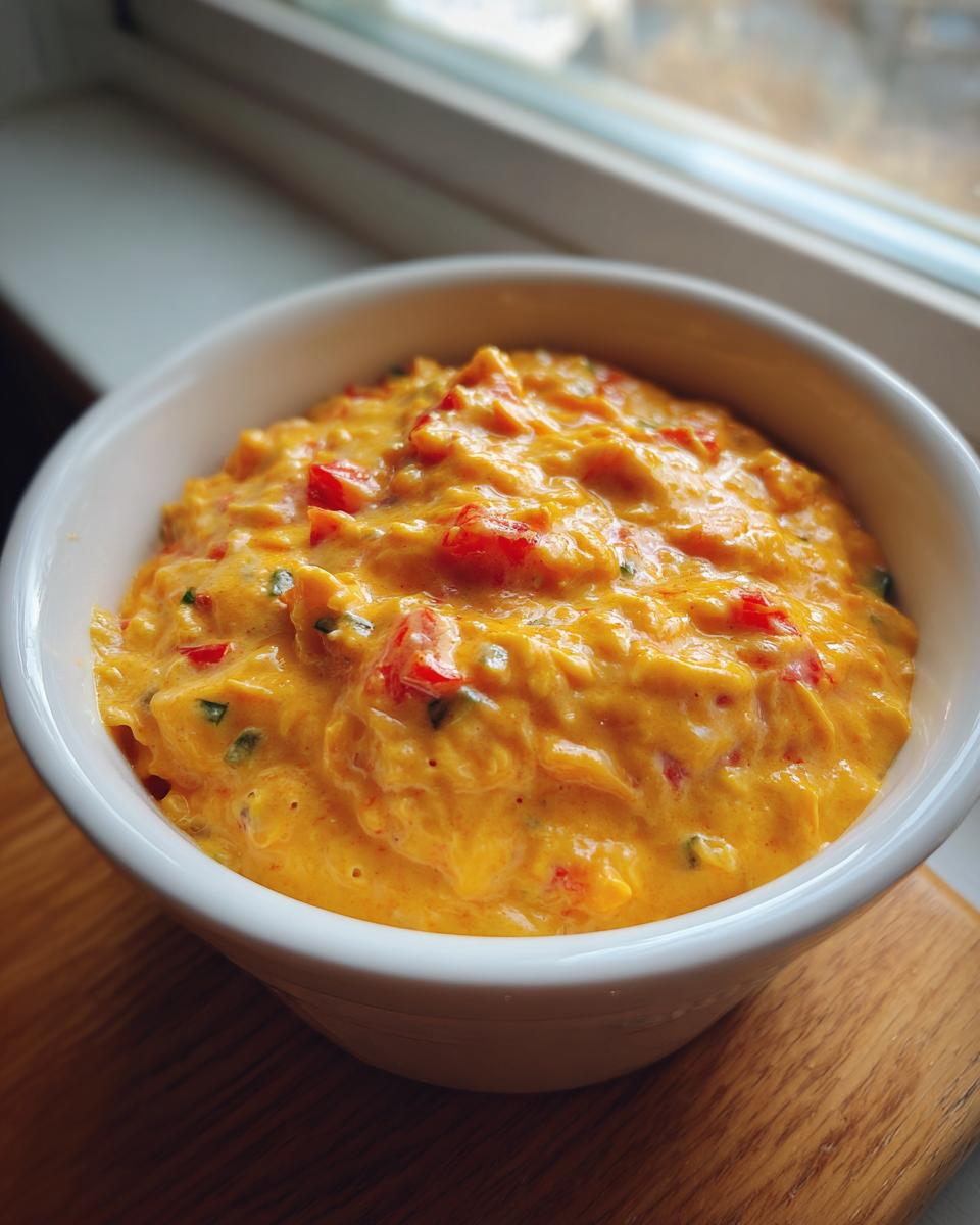 Close-up of creamy, orange boat dip mixed with red peppers in a white bowl.
