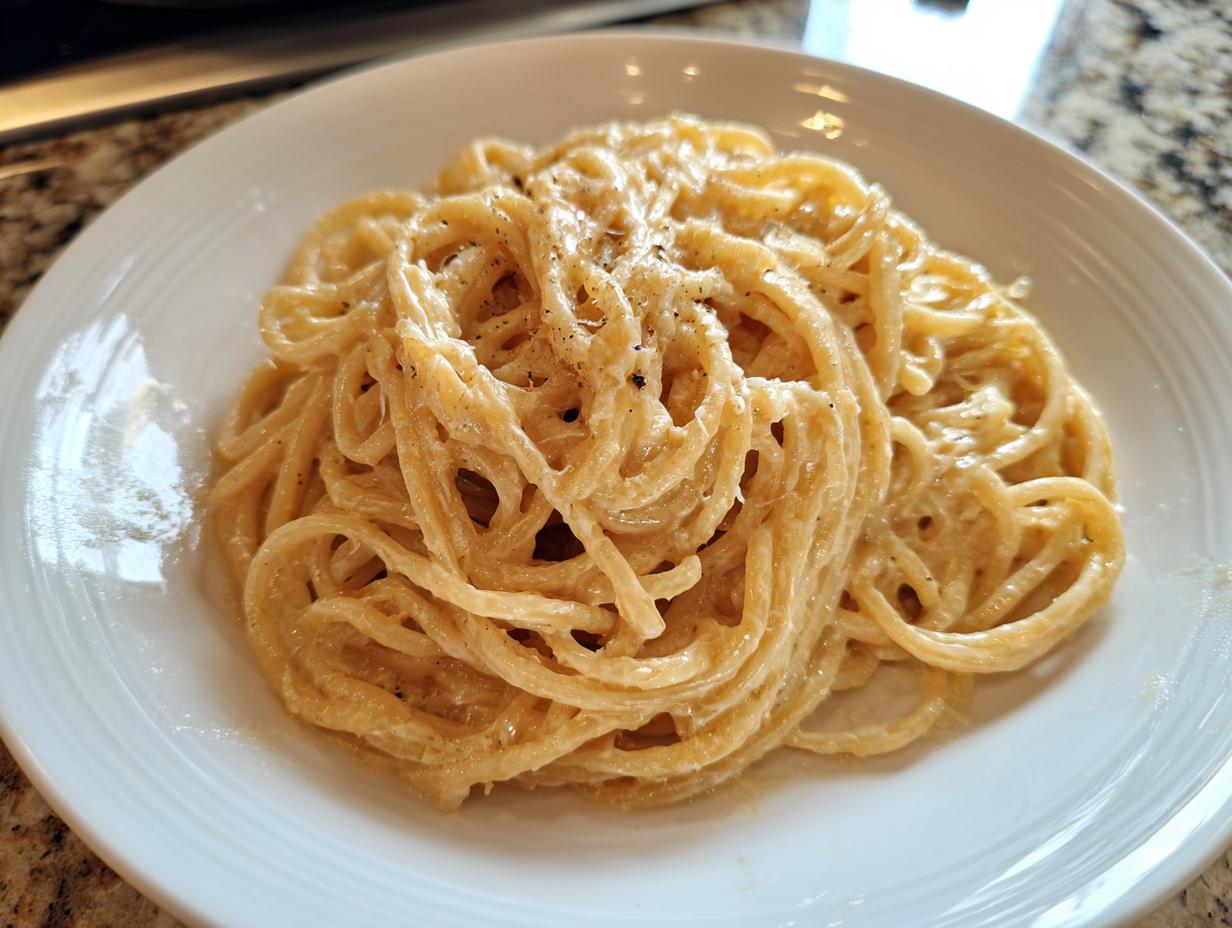 A close-up of creamy parmesan pasta tossed with pepper, served on a simple white plate.