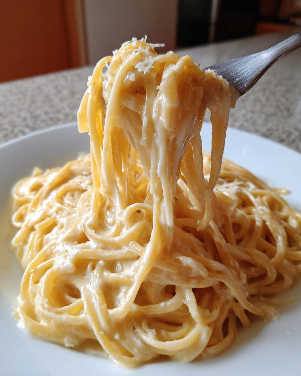Close-up of creamy parmesan pasta being lifted high on a fork, showing the rich sauce coating the spaghetti.