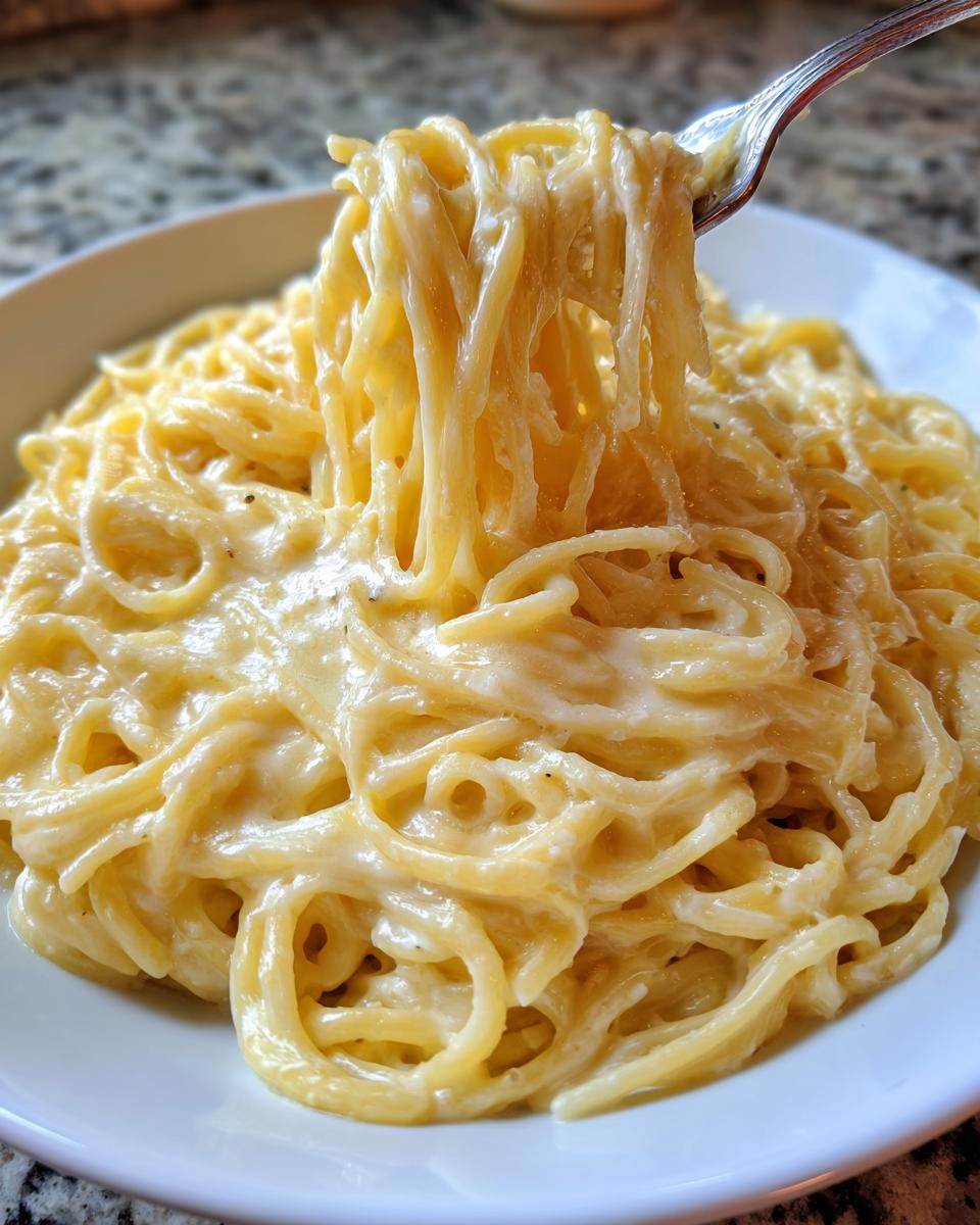 Close-up of creamy parmesan pasta being lifted high from a white bowl with a silver fork.