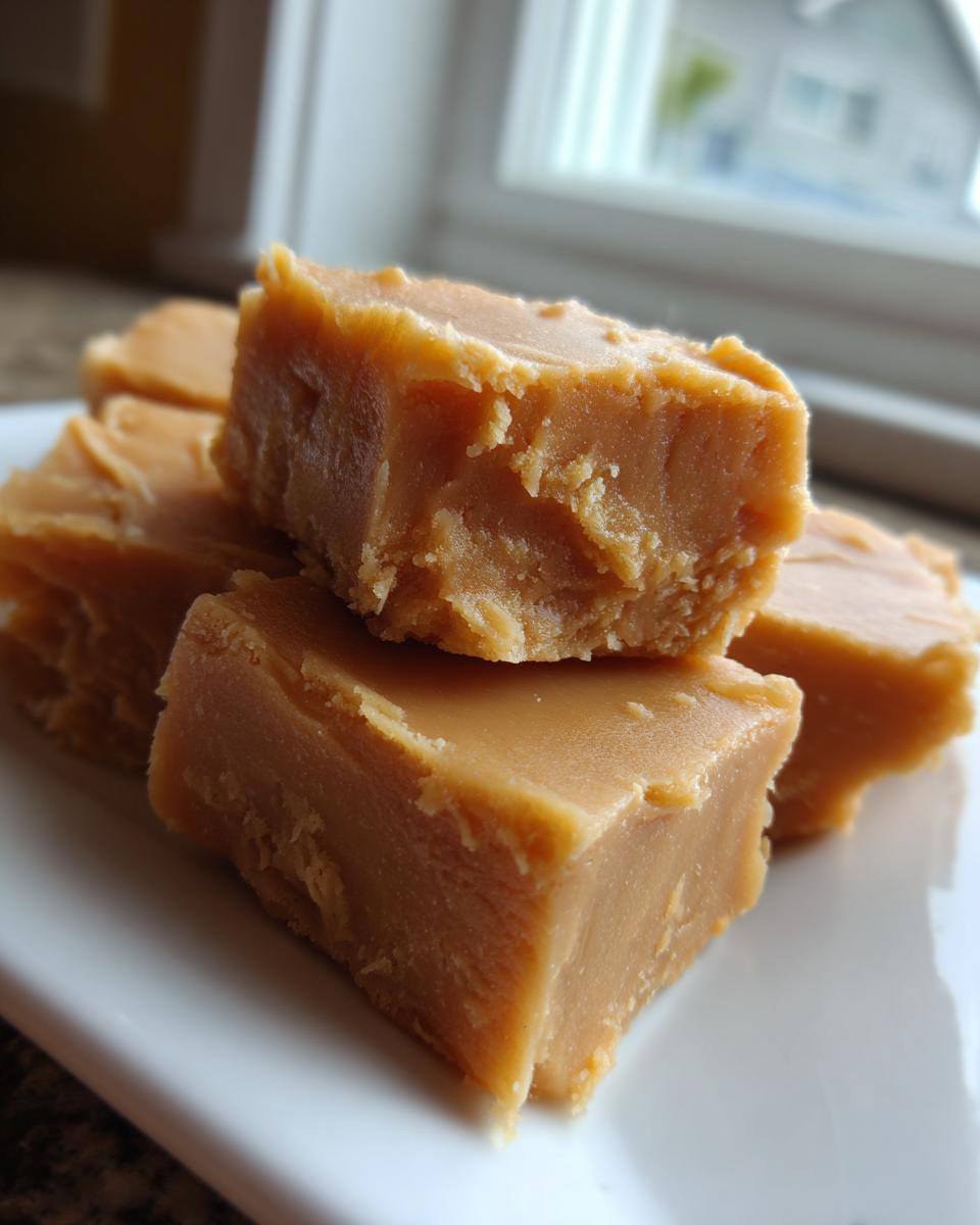 Close-up of several thick, creamy squares of homemade peanut butter fudge stacked on a white plate.