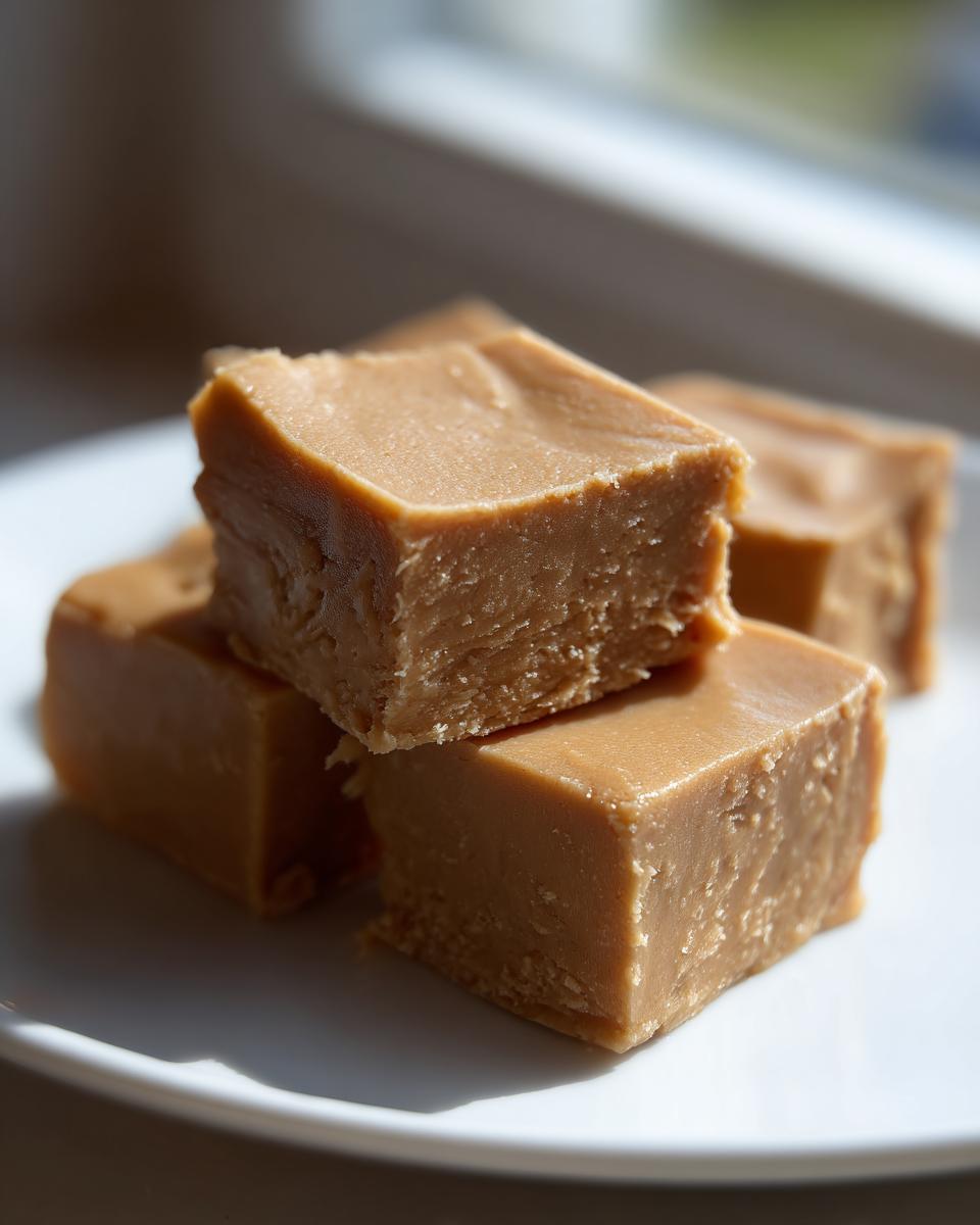 A stack of four rich, creamy squares of homemade peanut butter fudge resting on a white plate near a window.