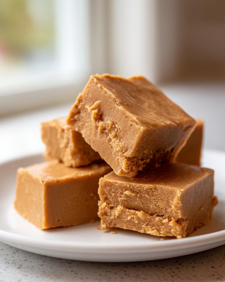 A stack of four creamy, light brown squares of homemade peanut butter fudge resting on a white plate.