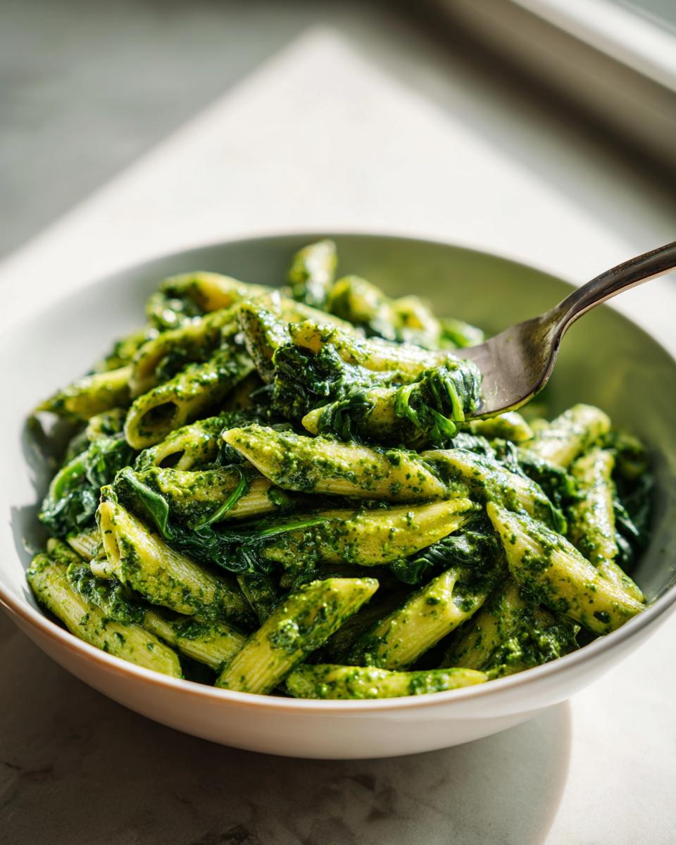 Close-up of a bowl filled with creamy pesto pasta (penne) mixed with spinach, with a fork lifting a bite.