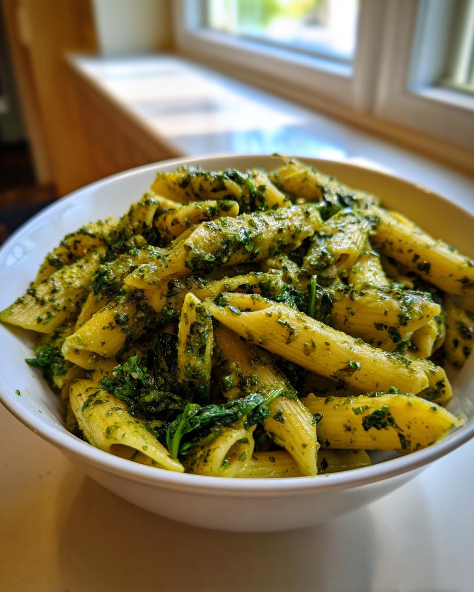 Close-up of penne pasta coated generously in vibrant green creamy pesto pasta sauce in a white bowl.