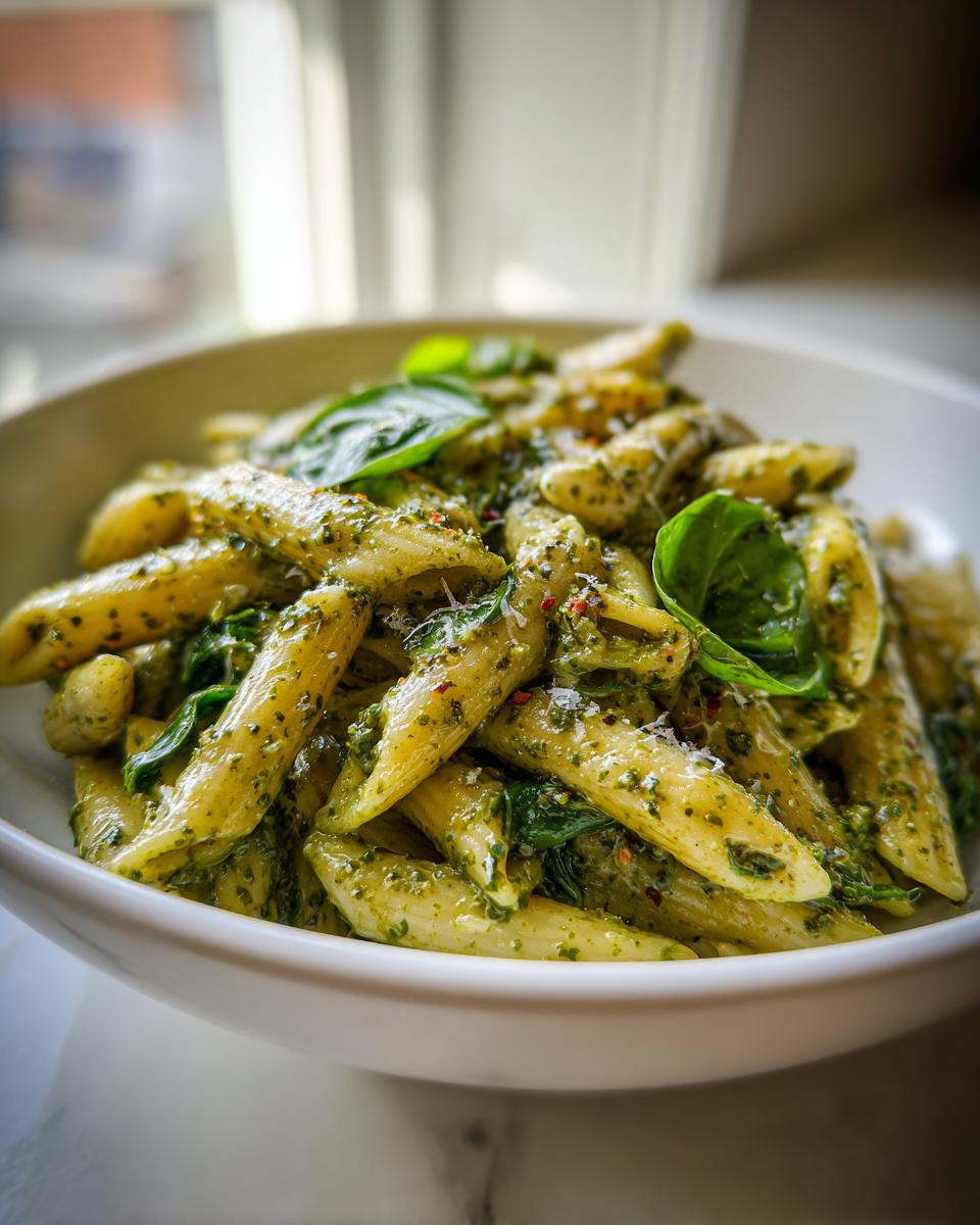 A close-up shot of penne pasta coated in rich, creamy pesto pasta sauce, garnished with fresh basil leaves.