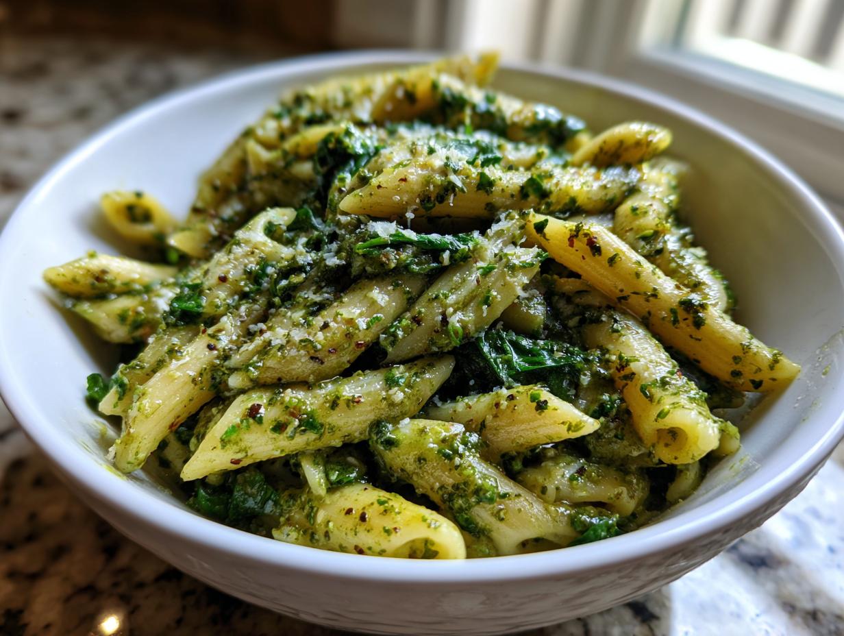 A close-up shot of penne pasta coated in a rich, creamy pesto sauce, topped with grated cheese.