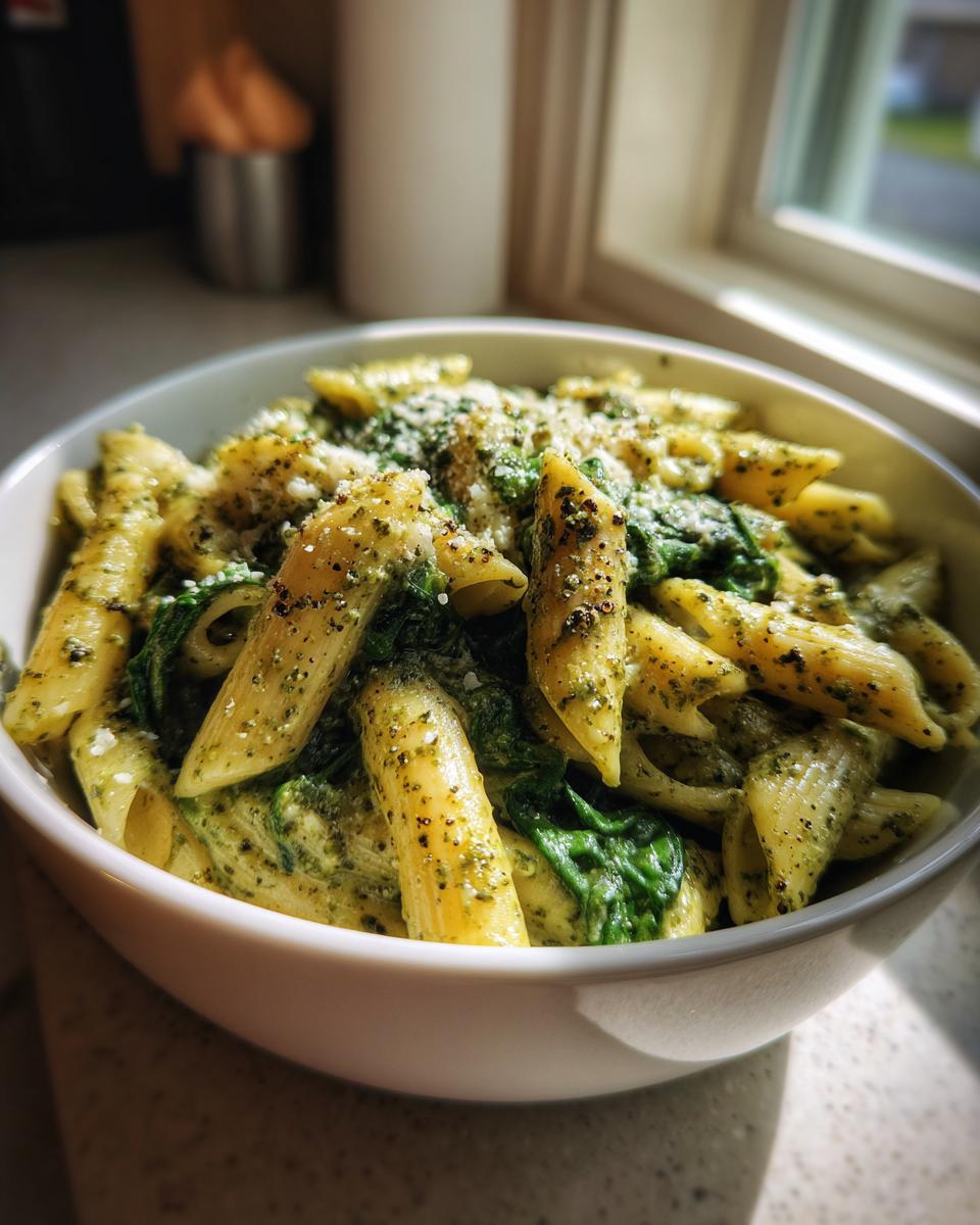 Close-up of a white bowl filled with creamy pesto pasta (penne) mixed with spinach and topped with grated cheese and black pepper.