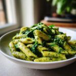 A white bowl filled with penne pasta coated in vibrant green creamy pesto pasta sauce and wilted spinach.