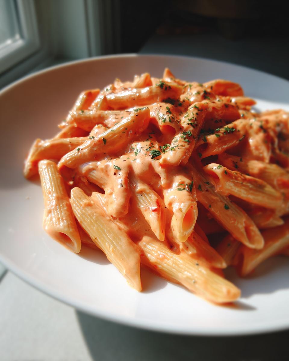 A close-up shot of penne pasta coated in creamy pink sauce pasta, garnished with chopped green herbs.