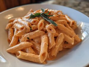 A close-up shot of penne pasta coated in creamy pink sauce pasta, garnished with fresh sage leaves.