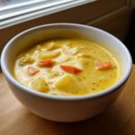A close-up of a hearty bowl of creamy, yellow cheese soup filled with chunks of potato and bright orange carrots.