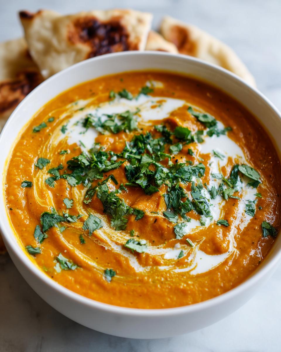 A close-up of a bowl of vibrant orange, creamy pumpkin curry, swirled with coconut cream and topped with fresh cilantro.