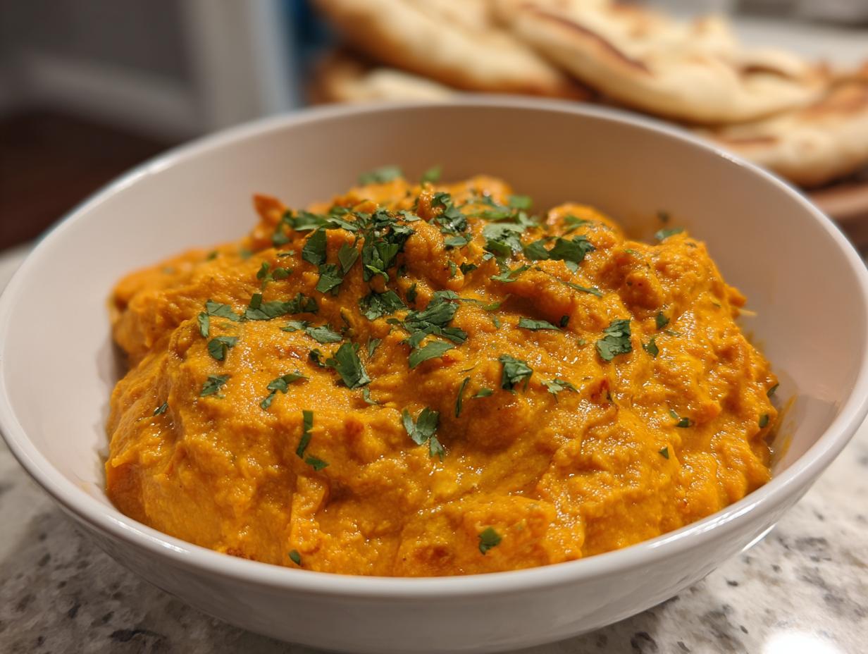 Close-up of a rich, creamy pumpkin curry garnished with fresh cilantro in a white bowl, with naan bread blurred in the background.