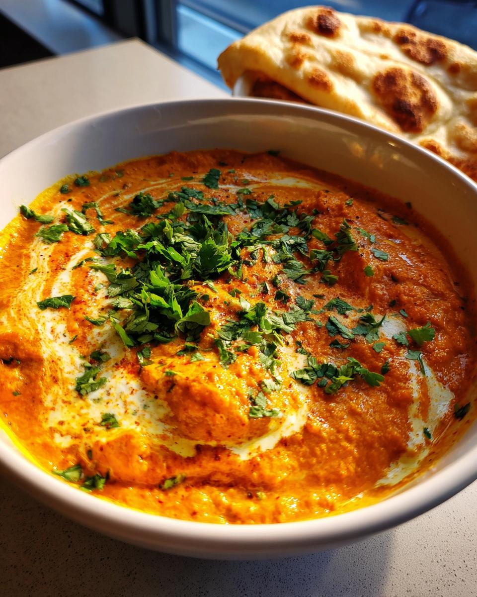 A close-up of a bowl of vibrant orange, creamy pumpkin curry topped with fresh cilantro and a swirl of cream, with naan bread visible in the background.
