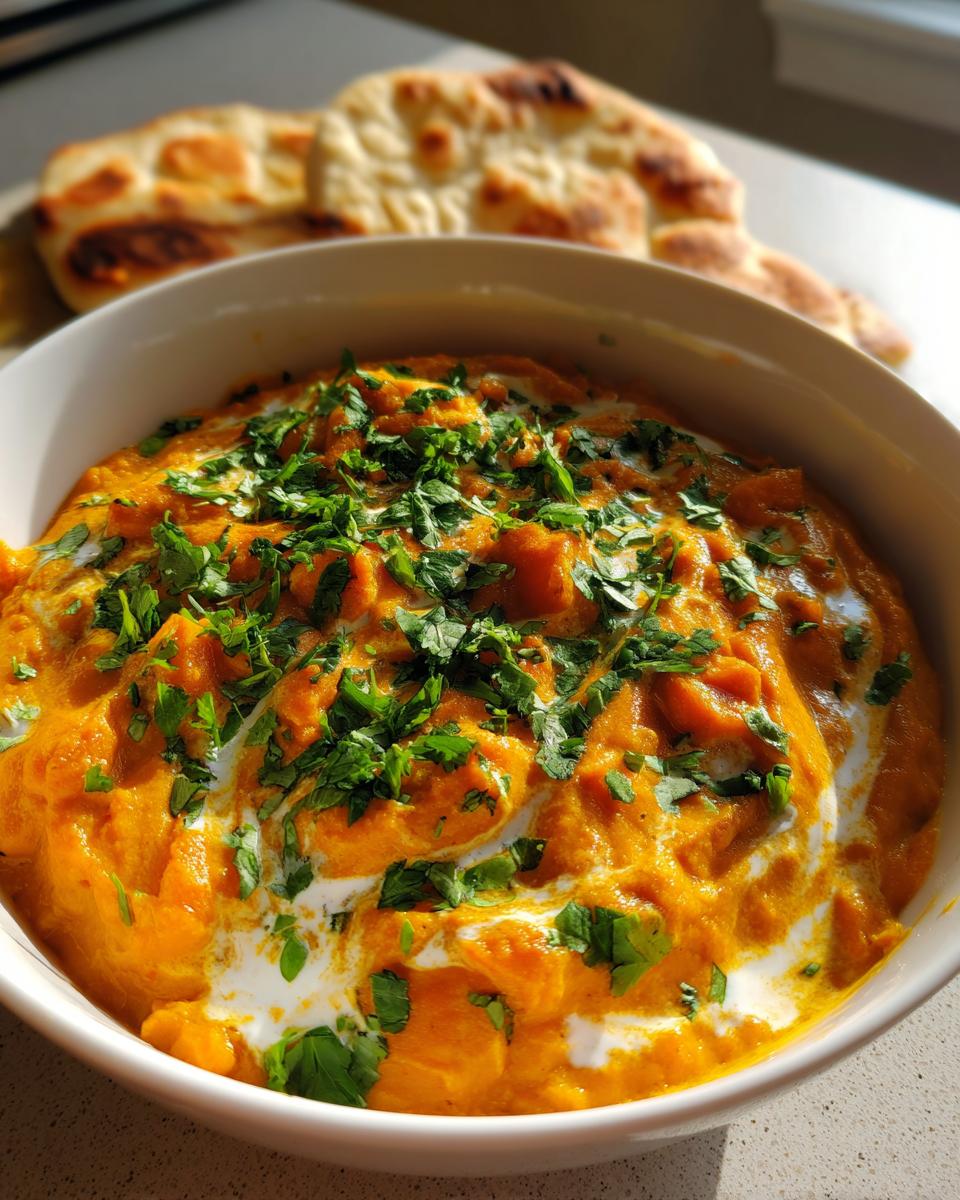 A close-up of a bowl of creamy orange pumpkin curry topped with fresh cilantro, with naan bread blurred in the background.