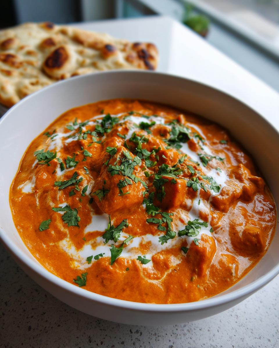 A close-up of creamy, orange pumpkin curry in a white bowl, garnished with cream swirls and cilantro, with naan bread in the background.