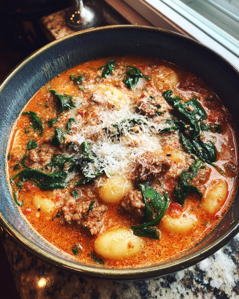 A close-up of creamy sausage gnocchi soup topped with fresh spinach and grated Parmesan cheese.