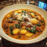 A close-up of a bowl filled with creamy sausage gnocchi soup, topped with shredded Parmesan cheese.