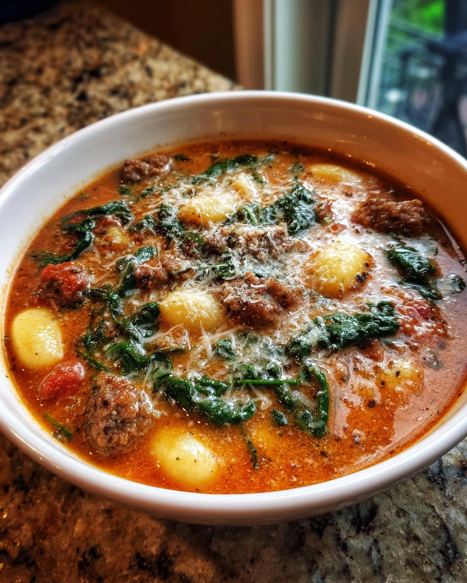 Close-up of a hearty bowl of creamy sausage gnocchi soup, featuring gnocchi, crumbled sausage, spinach, and grated cheese.
