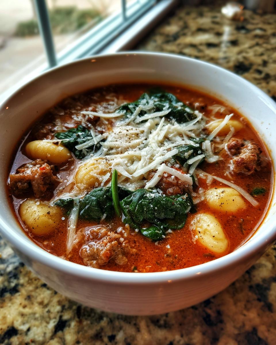 Close-up of a bowl of creamy sausage gnocchi soup topped with fresh spinach, shredded Parmesan, and black pepper.