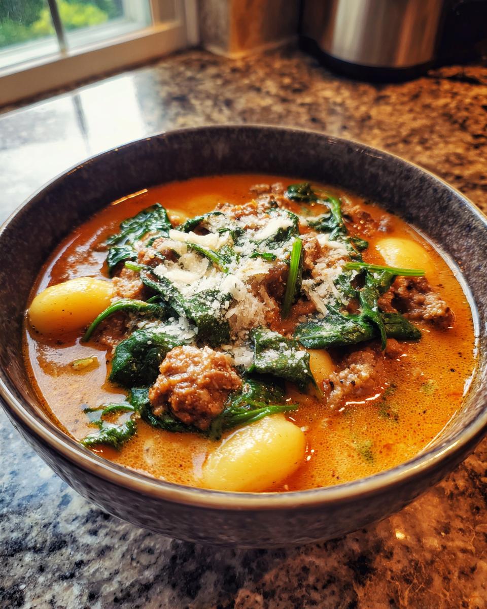 A close-up of a bowl of creamy sausage gnocchi soup topped with spinach and grated Parmesan cheese.