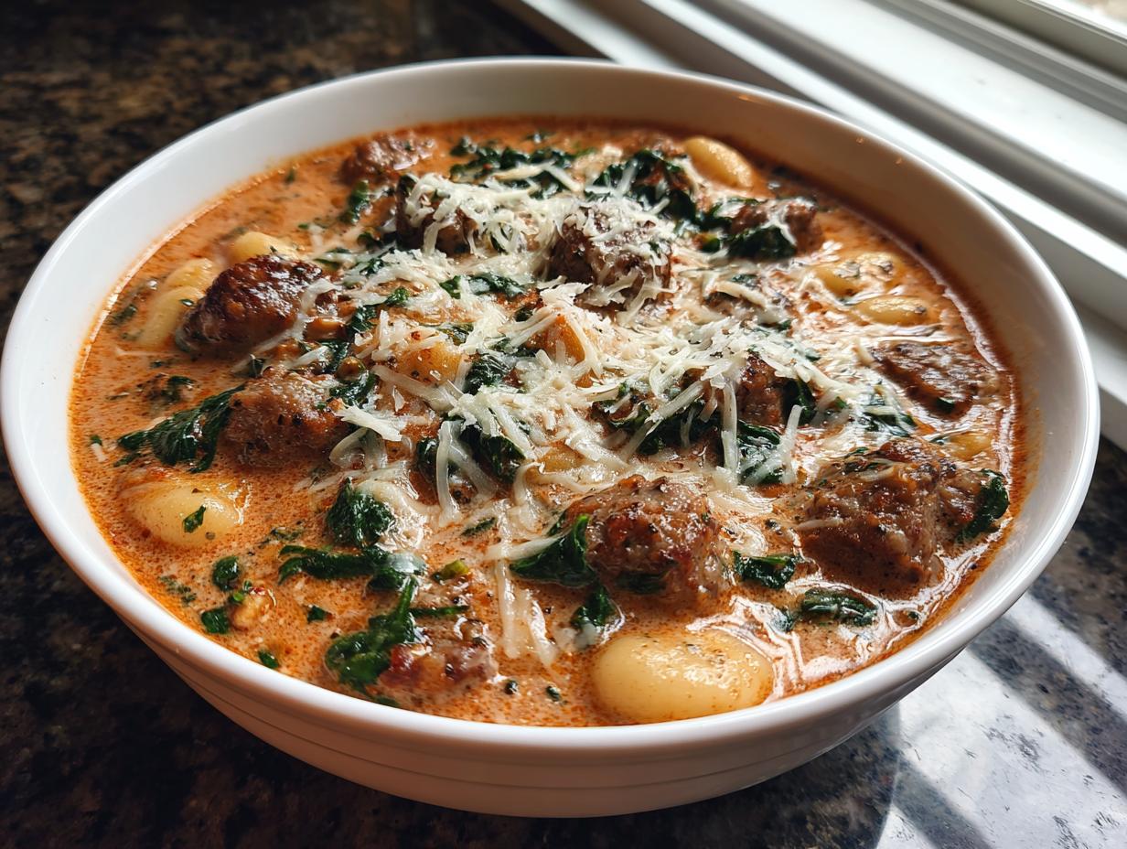 A close-up of a white bowl filled with creamy sausage gnocchi soup, topped generously with shredded Parmesan cheese and spinach.