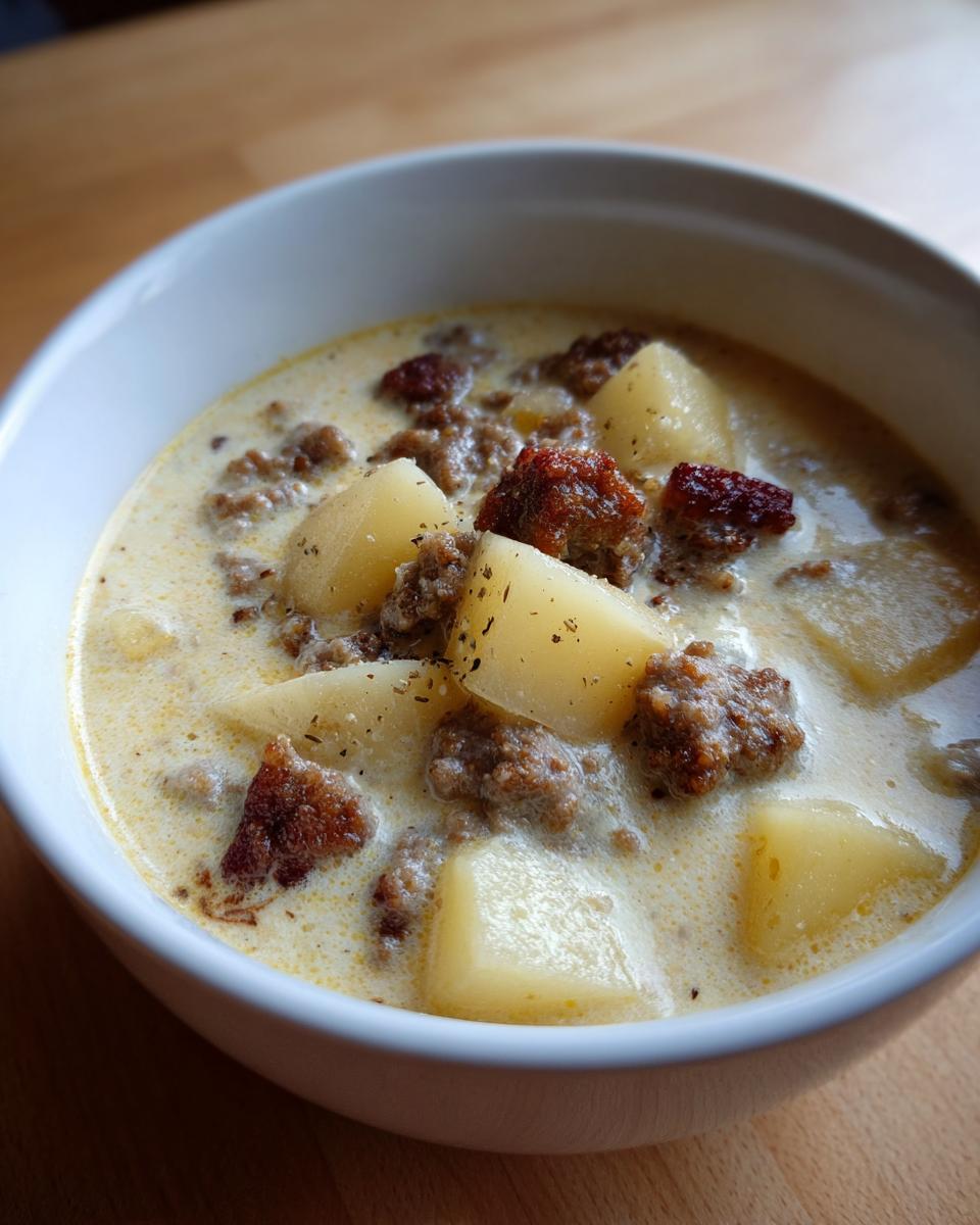 Close-up of a white bowl filled with creamy sausage potato soup, featuring chunks of potato and browned sausage.