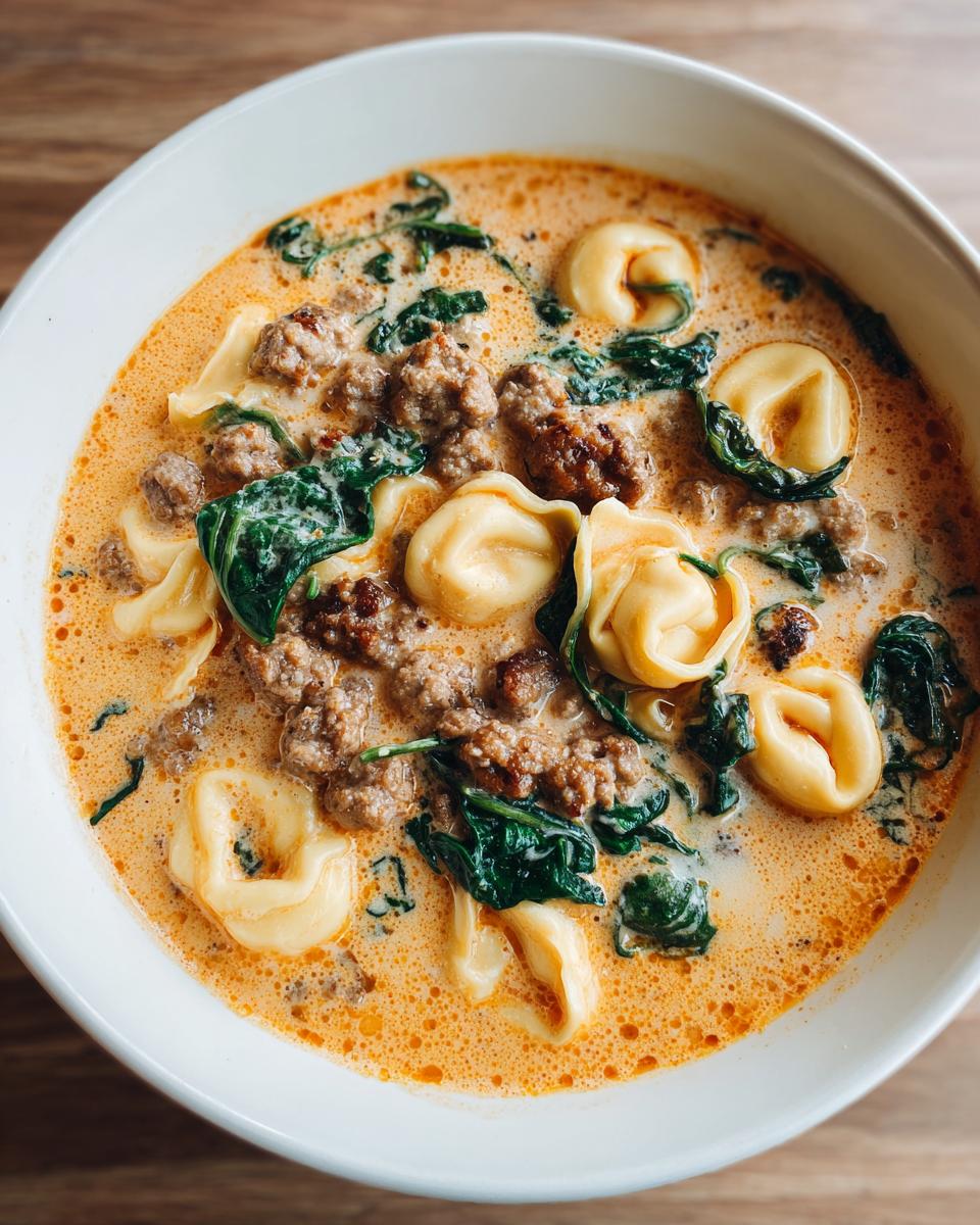 Close-up of a white bowl filled with creamy sausage tortellini soup, featuring cheese tortellini, crumbled sausage, and wilted spinach.