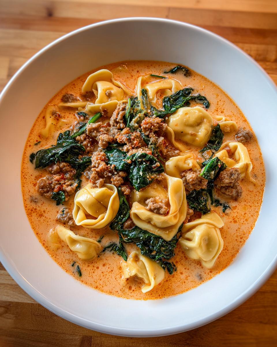 A close-up overhead view of a white bowl filled with creamy sausage tortellini soup, featuring pasta, ground sausage, and wilted spinach.
