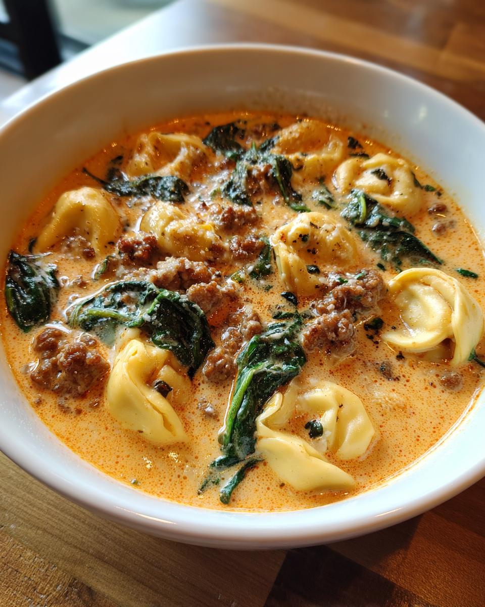 Close-up of a white bowl filled with creamy sausage tortellini soup, featuring tortellini pasta, ground sausage, and wilted spinach.
