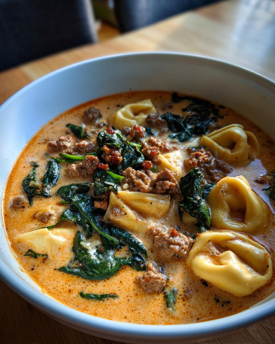 Close-up of a bowl filled with creamy sausage tortellini soup, featuring tortellini pasta, crumbled sausage, and wilted spinach.