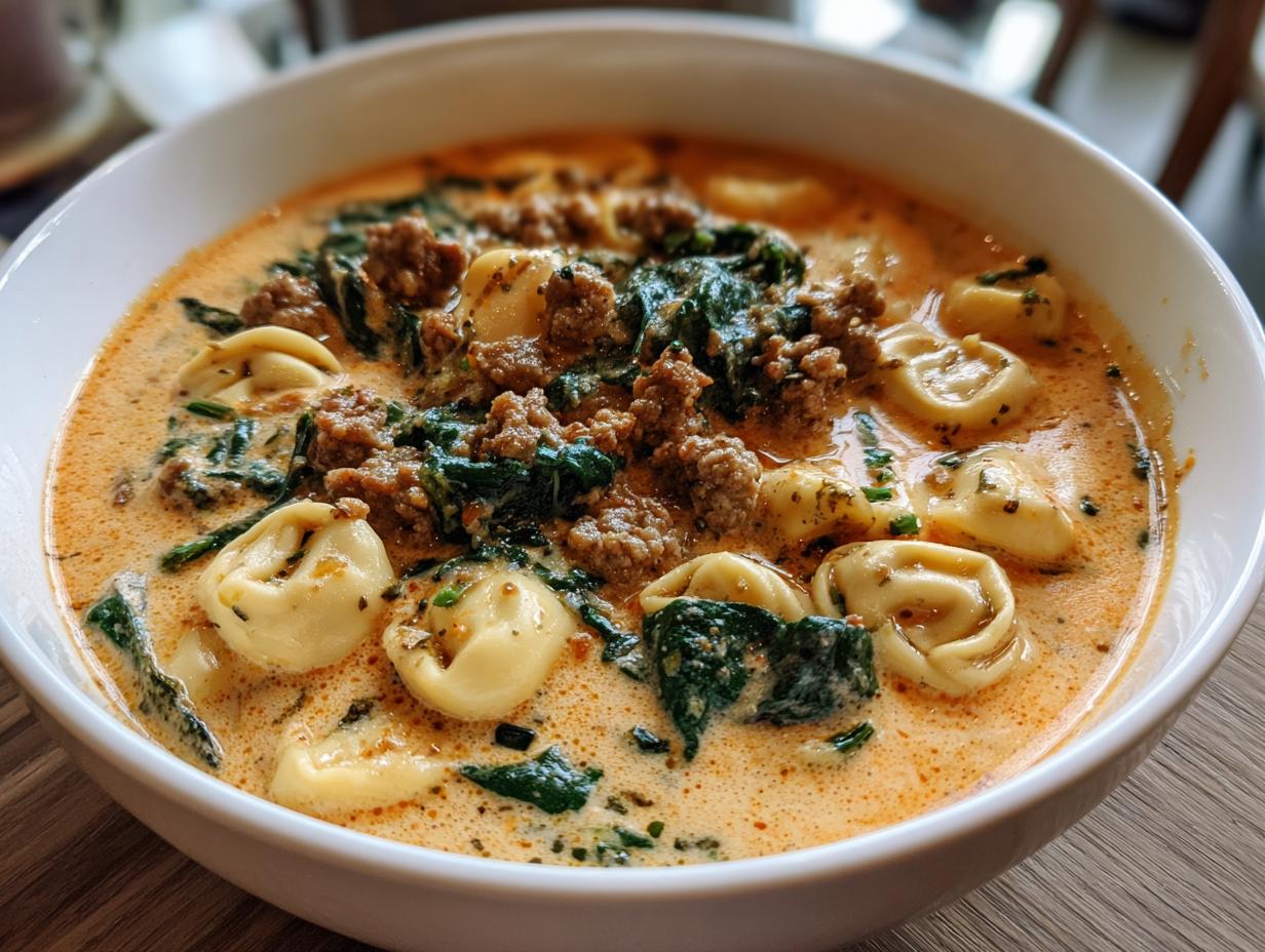 Close-up of a hearty bowl of creamy sausage tortellini soup with wilted spinach.