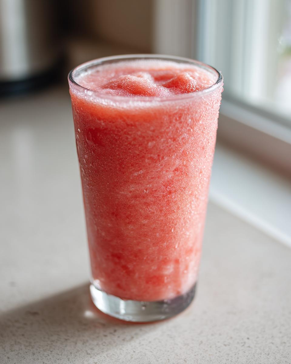 Close-up of a tall glass filled with a thick, icy watermelon smoothie, showing condensation on the glass.